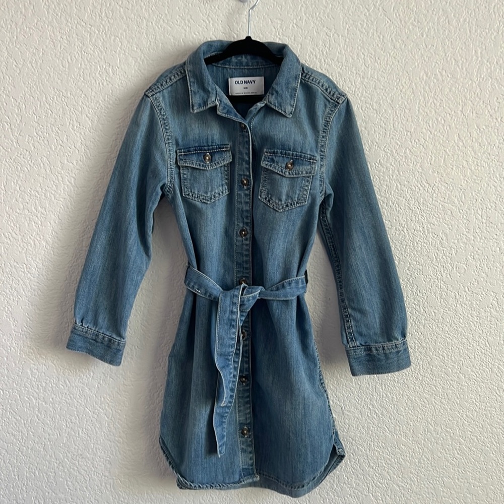 Girls Old Navy Long-sleeve Denim Jean Blue Dress with Tie Belt